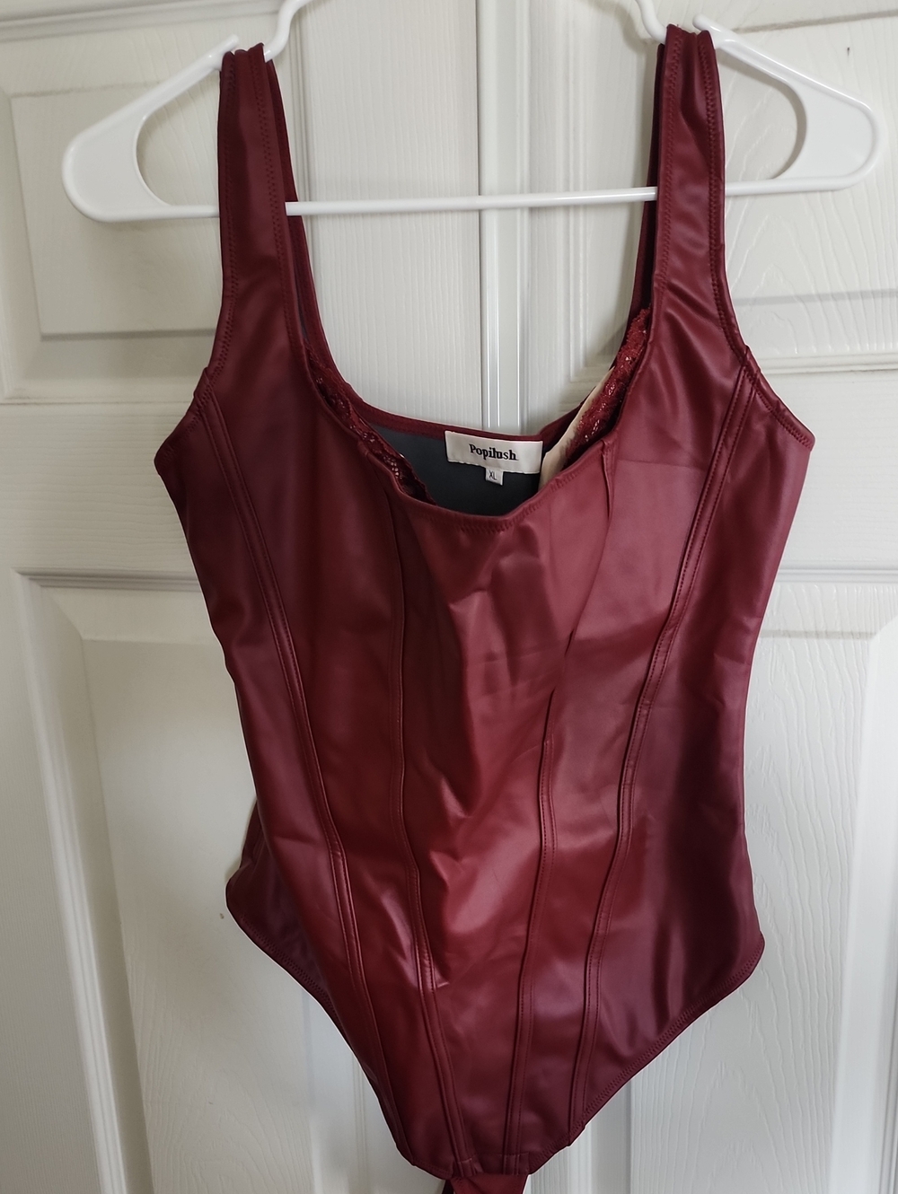 Lush Burgundy Faux Leather Corset-Style Bodysuit